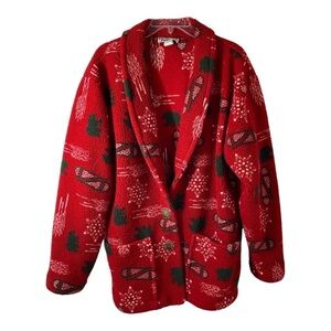 Vintage Red Fleece Medium Bears Ski Forest Tree Christmas Holiday Cozy Jacket